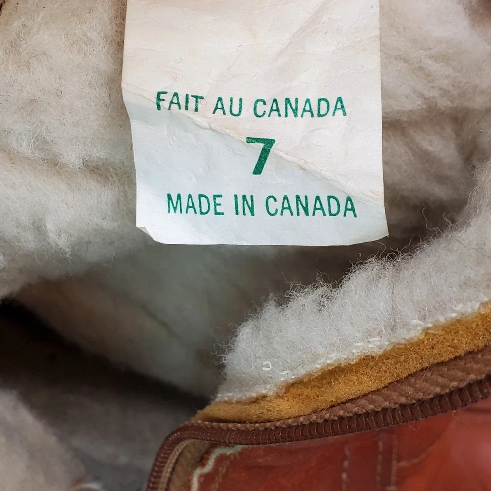 LL Bean Vintage Women 7 Cognac Leather Shearling Lined Winter Boots Canada Made